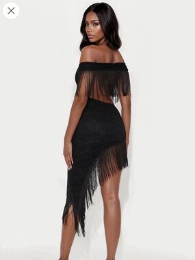 Fashion Nova Black Off-Shoulder Fringe Mini Dress